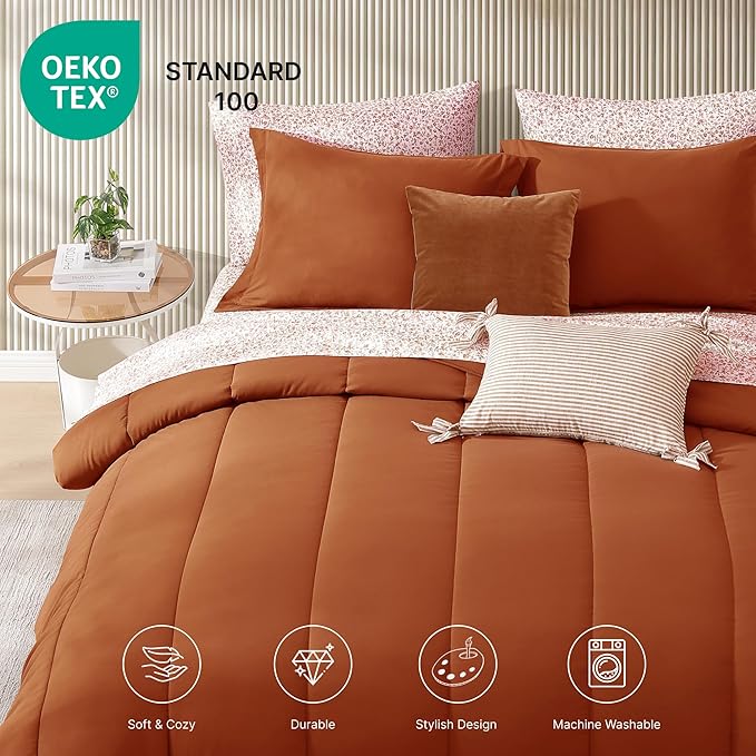 Monbix King Size Comforter Set - 7 Pieces Bed in a Bag King, Burnt Orange Track Stitching Bedding Sets, All Seasons Comforter Bed Set with Sheets