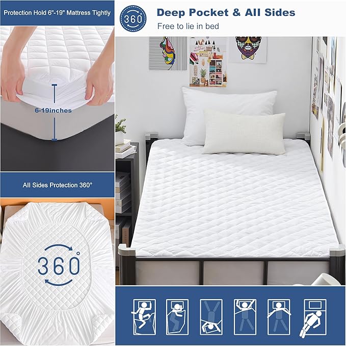 GRT Twin XL Waterproof Mattress Pad, 100% Waterproof Quilted Fitted Mattress Protector, Noiseless Hollow Cotton Mattress Cover, Fitted 8"-19" Deep, Dust Proof