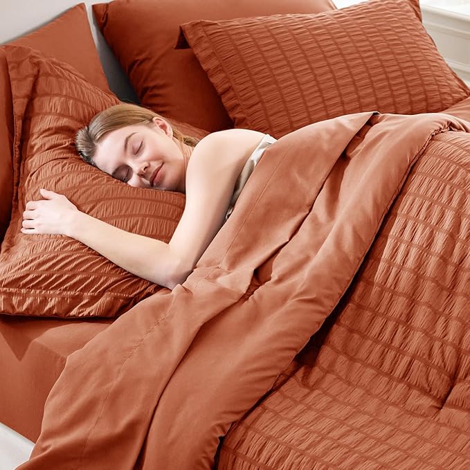 CozyLux Full Size Comforter Sets with Sheets 7 Pieces, Burnt Orange Seersucker Bed in a Bag Textured Luxury Soft Bedding Sets with Down Alternative Comforter, Sheets, Pillowcases & Shams, Terracotta
