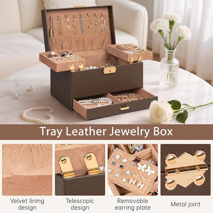 AKOZLIN Travel Jewelry Box Organizer Functional 2-trays Leather Jewelry Storage Case with Lockable Portable Drawer for Women Girls Ring Necklace Earring Bracelet - Image 3