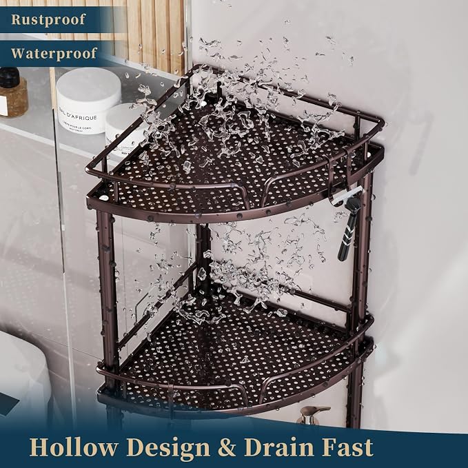 Consumest Corner Shower Caddy Stand - 3 Tier Shower Organizer with Soap Holder, Tall Floor Corner Shelves Standing with Adjustable Feet & 4 Hooks, Storage Rack for Bathroom, Bronze - Image 5