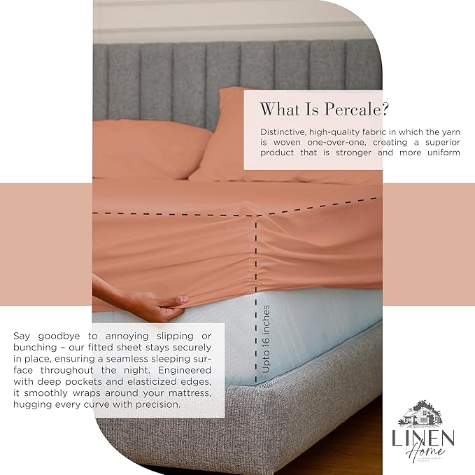 Linen Home 100% Cotton Percale Sheets King Size, Deep Pocket, 4-Piece Set - Crisp, Cool & Breathable, Long-Staple Combed Cotton Bedding, Hotel Quality, Made in Green, Tera Clay