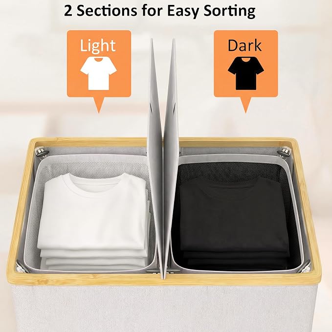 efluky Laundry Hamper with Lid, Double Laundry Hamper with 2 Removable Bags, 2 Section Laundry Basket with Bamboo Handles for Bathroom, Bedroom & Laundry Room, 140L (36.9 Gallon) Light Grey - Image 3