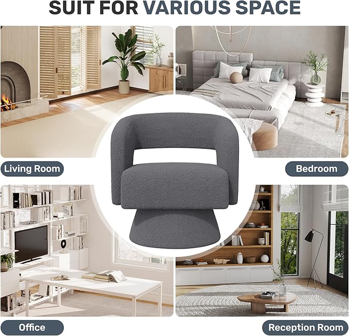 Nebuaegis Swivel Accent Chair, Modern Comfy Teddy Barrel Chairs, Oversized Upholstered Round Arm Chair for Living Room, Bedroom, Reading Room, Dark Grey, 1 PCS