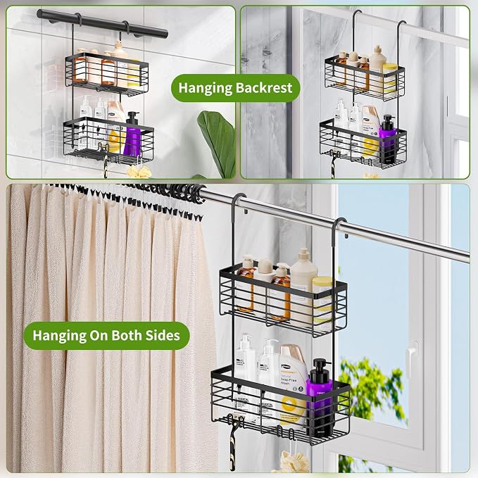 SHANSHUI Shower Hanging Caddy, Double Bathroom Showers Organizer Basket, Shampoo Bracket, Over Door Shower Rack with Hooks, 304 Stainless Steel Rustproof - Image 2