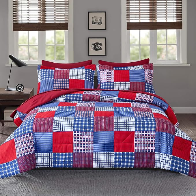 Comforter Set King Size Plaid Patchwork Comforter Bedding-7 Piece Bed in a Bag,Soft Reversible Microfiber Bedding Set(1 Comforter,1 Flat Sheet,1 Fitted Sheet,2 Pillowcases,2 Pillow Shams)Red Blue