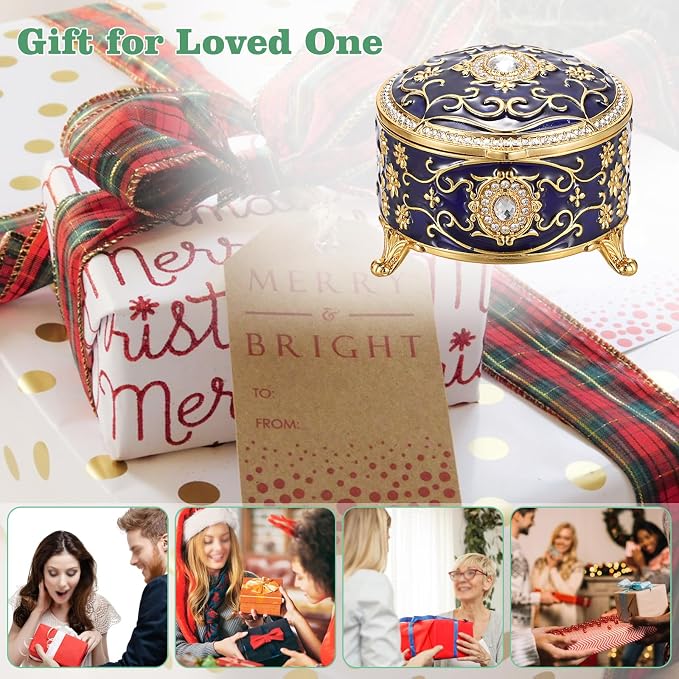 Hipiwe Vintage Jewelry Box Round Metal Treasure Chest Box Enameled Jewelry Trinket Box for Ring Earrings Necklace,Sparkling Keepsake Box Gift for Birthday Christmas,Blue - Image 8