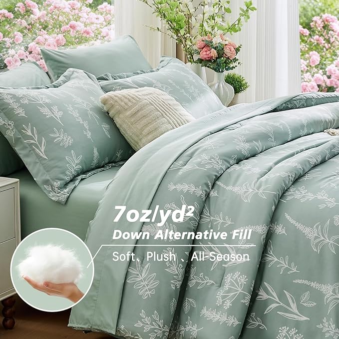 MUXHOMO Twin Comforter Set, Sage Green Elegant Floral Print Bed in a Bag 5 Pieces, Ultra Soft & Breathable Reversible Botanical Pattern Bedding Set with Comforter, Sheets, Pillowcases, and Shams