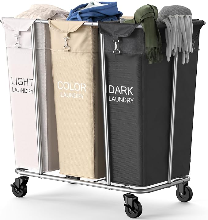 PLKOW Laundry Sorter 3 Section, 220L Large Laundry Cart with Wheels 3 Hamper Laundry Sorter with Steel Frame and Removable Bag, Rolling Laundry Cart for Home, Laundry Room, Hotel, 6 Bushel by PLKOW