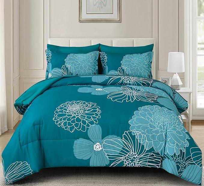 California King Comforter Set,Teal Elegant Floral Print Bed in a Bag 7 Pieces Comforter,Ultra Soft & Breathable Soft Microfiber Boho Bedding Set with Flat Sheet Fitted Sheet Pillowshams Pillowcases
