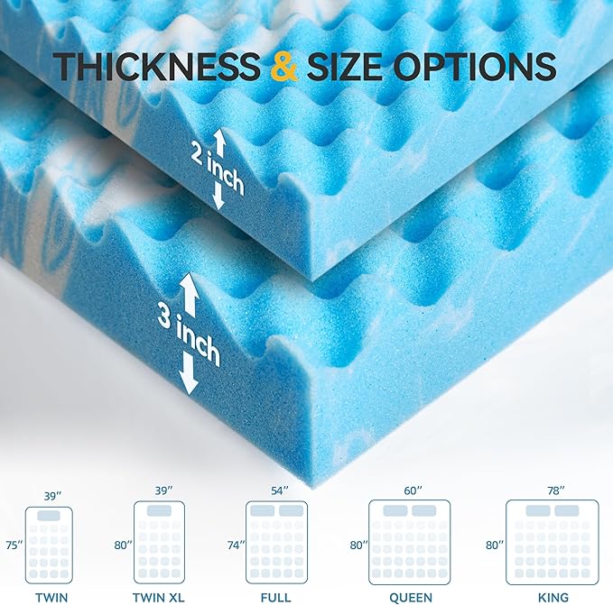 SINWEEK 3 Inch Egg Crate Memory Foam Mattress Topper Twin Size, Soft Mattress Pad for Back Pain Relief, Bed Topper, CertiPUR-US Certified, Blue