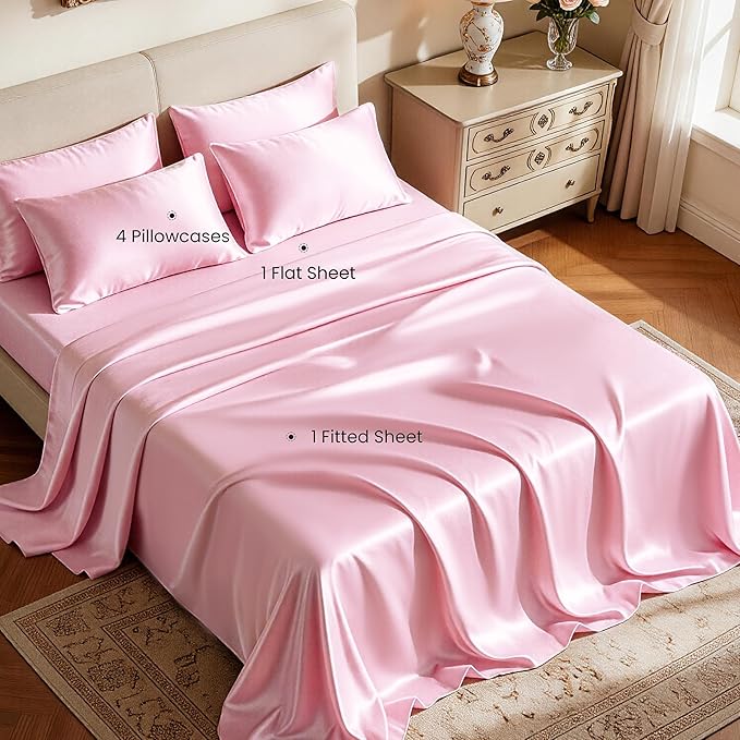 Love's cabin Satin Full Sheets Set - 6 Piece Pink Silky Bed Sheets Set with Deep Pocket, Luxury Silk Feel Satin Full Size Sheet Set (1 Flat Sheet, 1 Fitted Sheet, 4 Pillow Cases)