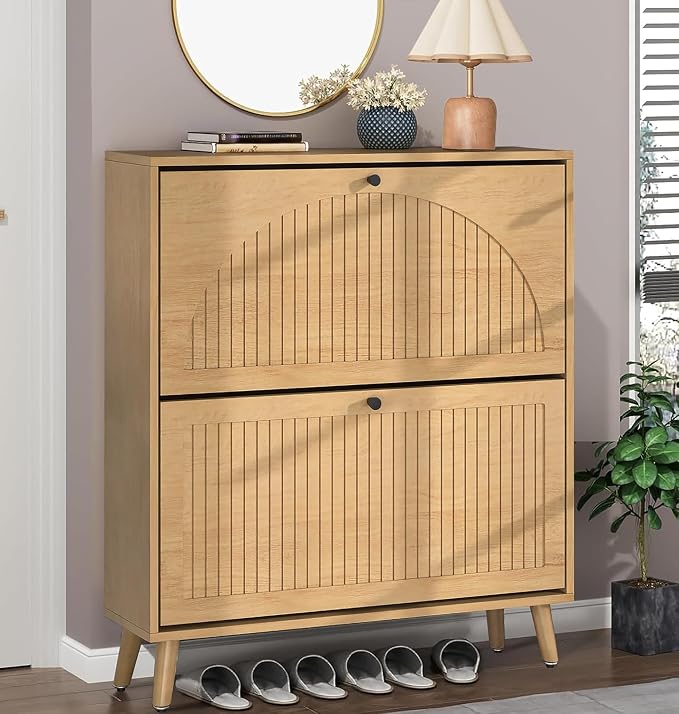 Fsbecl Shoe Storage Cabinet for Entryway with 2 Flip Drawers, Narrow Wood Shoe Cabinet with Fluted Panel, Freestanding Hidden Shoe Organizer for Foyer, Hallway (Wood Color) by Fsbecl
