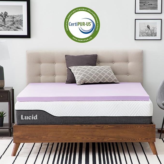 Lucid 2 Inch Lavender Memory Foam Mattress Topper, Twin Size – Essential Oil Infusion – Plush Feel, Pressure-Relieving Bed Topper – Ventilated and Breathable – CertiPur Certified