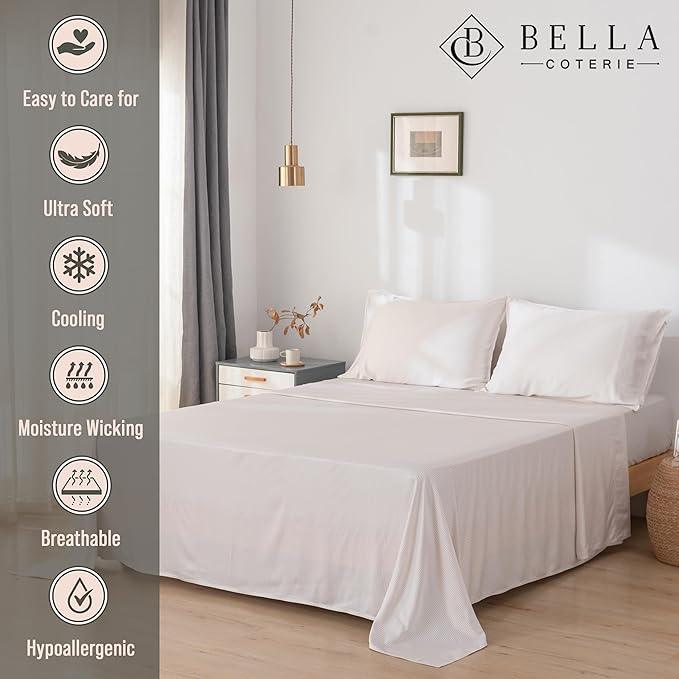 Bella Coterie Luxury Bamboo Viscose Queen Size Sheet Set | 100% Organically Grown | Ultra Soft | Cooling for Hot Sleepers | 18" Deep Pocket [Striped Dune]