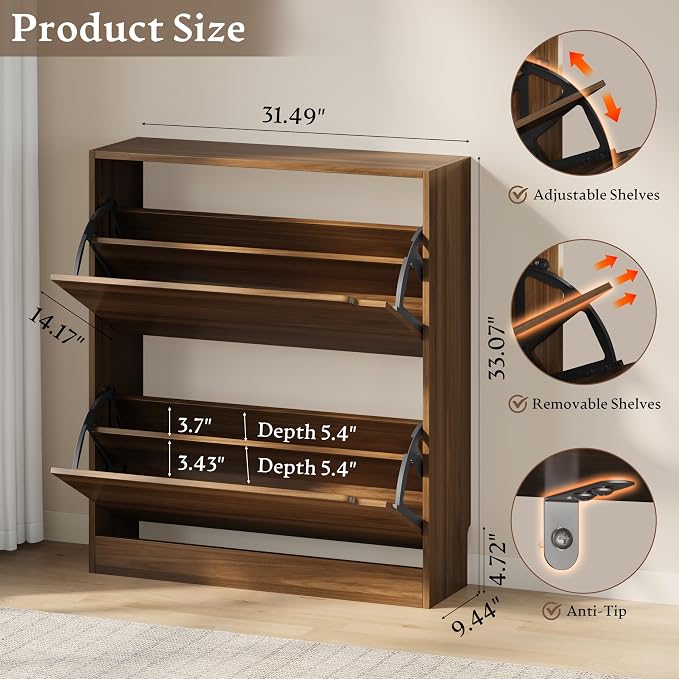 BORNOON Shoe Cabinet with 2 Flip Drawers, Slim Narrow Shoe Storage Cabinet, Freestanding Shoe Organizer with Adjustable & Removable Shelves, Top Display Shelf for Entryway, Hallway, Foyer, Closet - Image 2