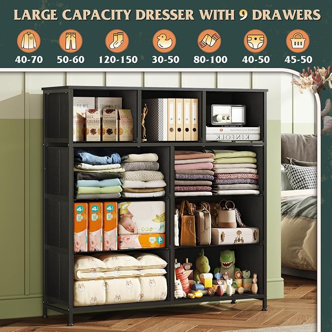 WLIVE 9 Drawer Dresser, Fabric Storage Tower for Bedroom, Hallway, Closet, Tall Chest Organizer Unit for Bedroom with Fabric Bins, Steel Frame, Wood Top, Easy Pull Handle, Vintage Green - Image 4