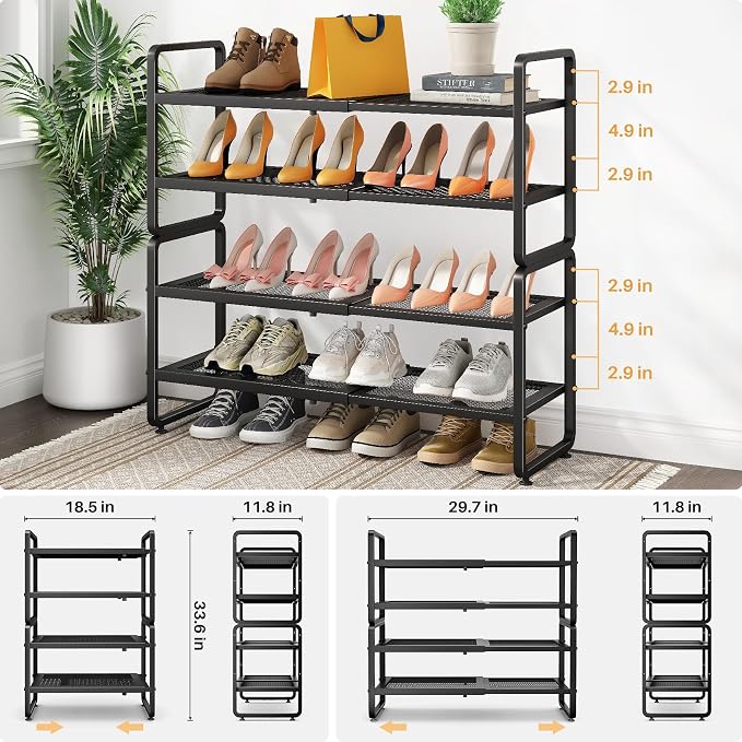SNTD Shoe Rack - Expandable Shoe Organizer for Closet, Adjustable Metal Shoe Shelf Storage, Stackable Long Shoe Stand Holder for Garage, Entryway, Door Entrance (Black, 4-Tier) - Image 3