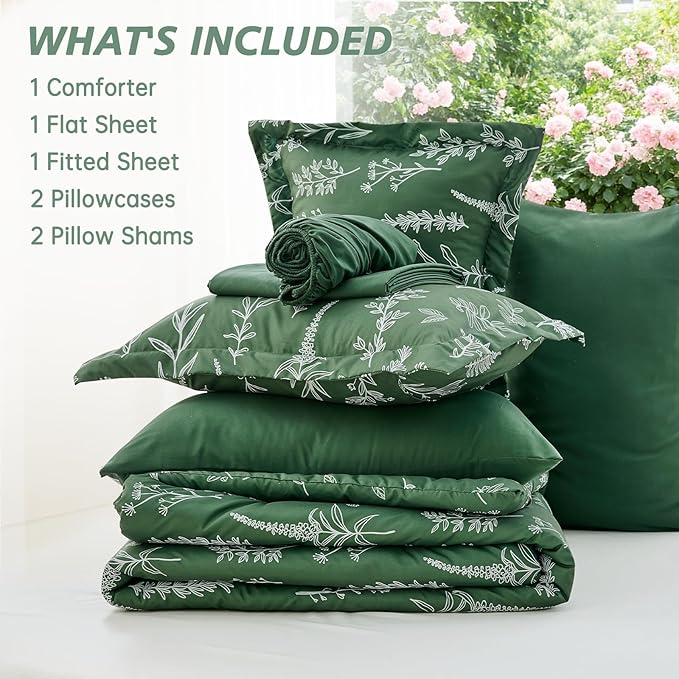 MUXHOMO Dark Green Full Comforter Set, Elegant Floral Print Bed in a Bag 7 Pieces, Ultra Soft & Breathable Reversible Botanical Pattern Bedding Set with Comforter, Sheets, Pillowcases, and Shams