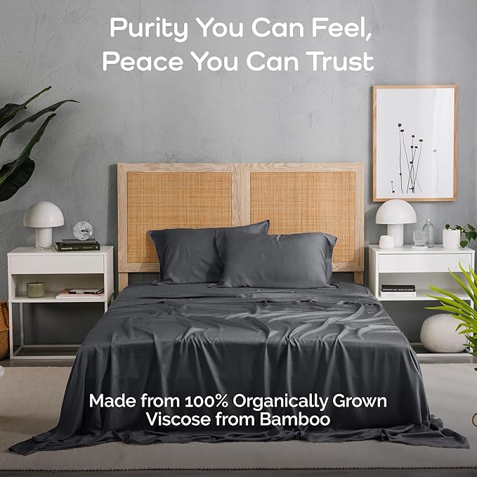 Viscose Bamboo Sheets King Size 4PC Set - Cooling Sheets for Hot Sleepers with Moisture Wicking Technology - Silky Soft 18 Inch Deep Pocket - Charcoal 76"x 80"
