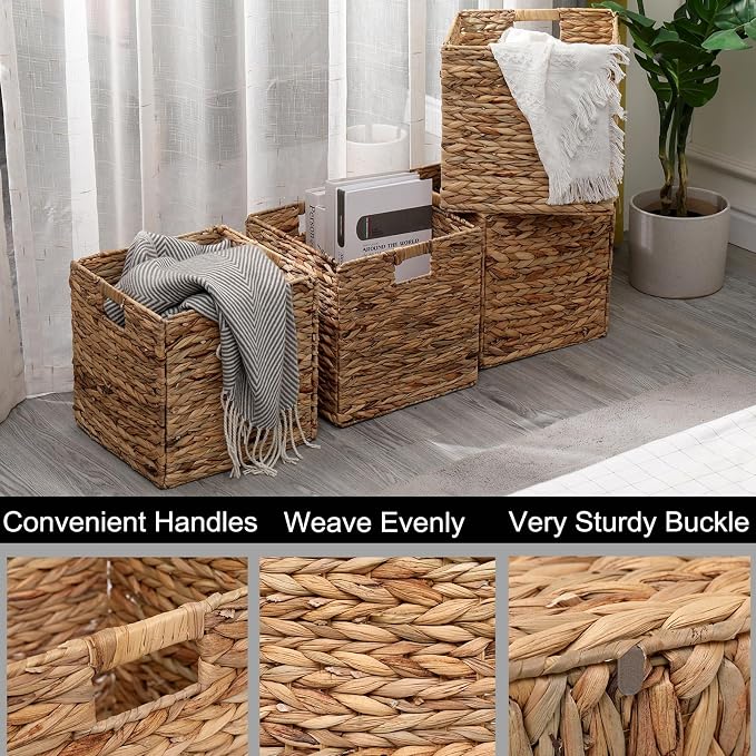 12x12in Storage Baskets Set of 4 Water Hyacinth Baskets,Foldable Handwoven Storage Cubes,Wicker Cube Baskets Laundry Organizer Totes for Home - Image 3