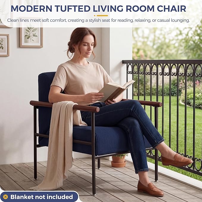 MAXYOYO Living Room Accent Chair, Modern Chair with Sturdy Metal Frame & Wood Armrests, Upholstered Reading Chair with Upholstered Cushion for Bedroom Balcony Porch, Navy