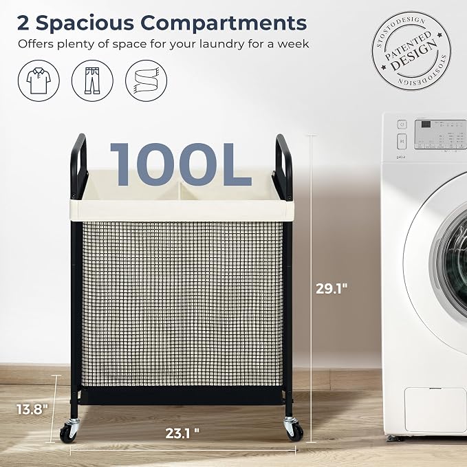 STO STO Laundry Hamper 2 Section, 100L Rolling Laundry Sorter Cart with Removable and Washable Liner Bag, Clothes Hamper with Wheels and Metal Handle for Laundry Room and Bedroom - Image 6