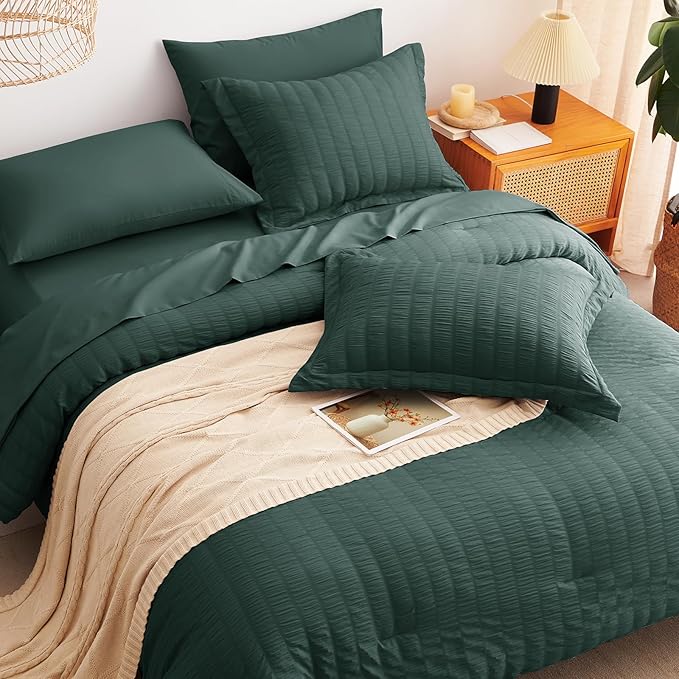 CozyLux Full Size Comforter Sets with Sheets 7 Pieces, Forest Green Seersucker Bed in a Bag Textured Luxury Soft Bedding Set with Down Alternative Comforter, Sheets, Pillowcases & Shams for All Season
