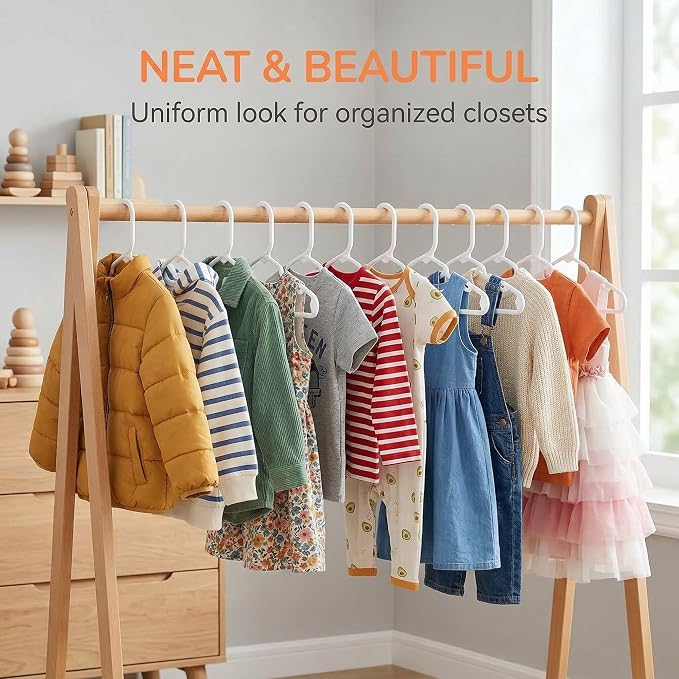 HOUSE DAY Baby Hangers 100 Pack - Durable Plastic Infant & Kids Clothes Hangers, Thin Compact Space-Saving Design for Nursery/Children's Closet, Toddler Small Hangers White (Infant/Baby/Toddler/Kids) - Image 9