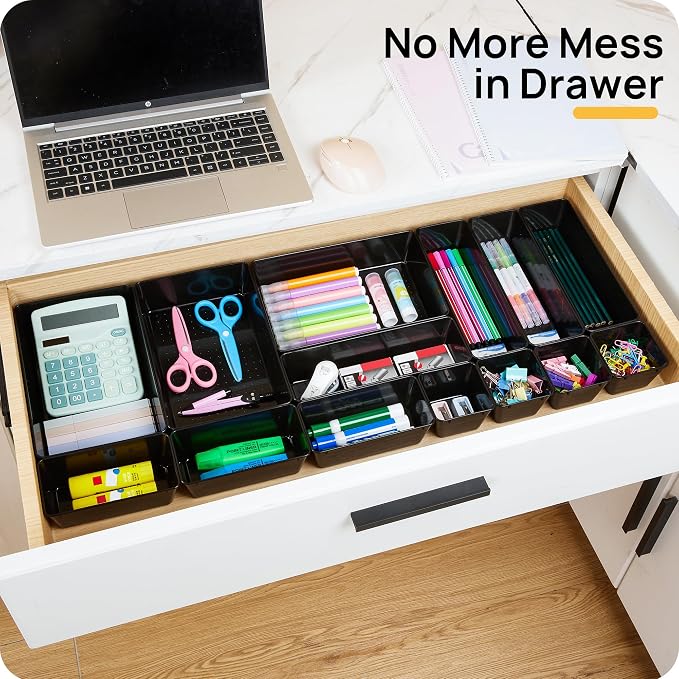 Vtopmart 25 PCS Office Desk Drawer Organizers Set, 4-Size Versatile Plastic Drawer Organizer Trays, Storage Bins for Desk Accessories Office Organizers and Storage, Bathroom, Makeup, Vanity, Black - Image 3