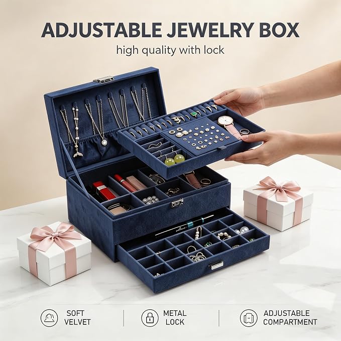 Jewelry Organizer Box for Women Girls, VintageJewelry Box 3-Tier Jewelry Display Case and Organizer,Lockable Jewelry Display Case Anti Tarnish,Varying Compartments for Bracelets, Rings (Blue) - Image 5