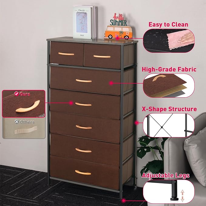 Mifuro Tall Dresser for Bedroom, Vertical Storage Organizer Tower with 7 Drawers, Chest of Drawers with Fabric Bins, Steel Frame, Wood Top for Bedroom, Closet, Entryway- Brown - Image 8