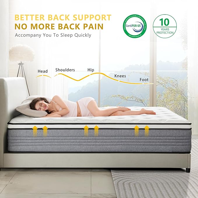 Queen Mattress, 12 Inch Queen Mattress for Medium Firm, Individual Pocketed Springs for Pressure Relief & Low Motion Transfer, CertiPUR-US Certified