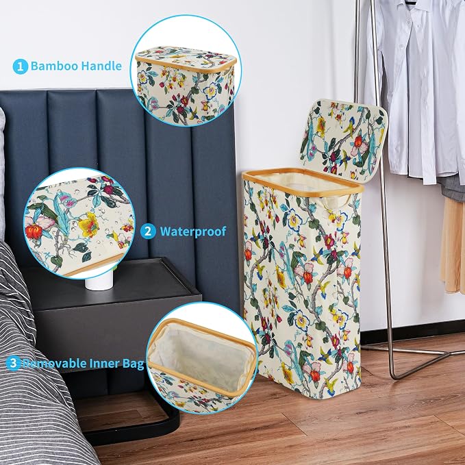 efluky Slim Laundry Basket with Lid, Narrow Laundry Hamper with Removable Bag, Skinny Dirty Clothes Basket with Bamboo Handles for Bathroom, Bedroom & Laundry Room, 75L Floral - Image 5