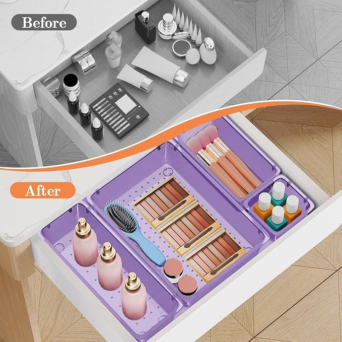 SpaceHacks 25 PCS Plastic Drawer Organizer Set, 4-Size Versatile Organizer Trays & Storage Bins for Makeup, Jewelry, and Gadgets in Bathroom, Bedroom and Office,Clear Purple - Image 4