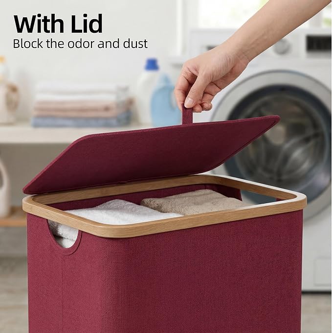 efluky Slim Laundry Basket with Lid, Narrow Laundry Hamper with Removable Bag, Skinny Dirty Clothes Basket with Bamboo Handles for Bathroom, Bedroom & Laundry Room, 75L Burgundy - Image 3