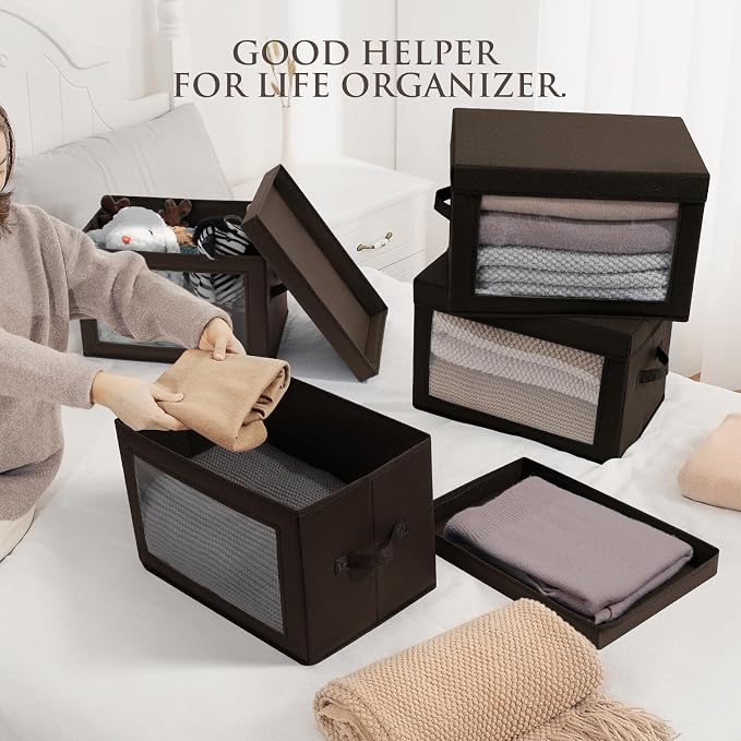 Homsorout Brown Fabric Storage Bins with Lids - 6 Pack Modern Lidded-Home Storage Bins, 14 Inch. - Perfect for Clothes, Books, CD, Office Supplies - Image 3
