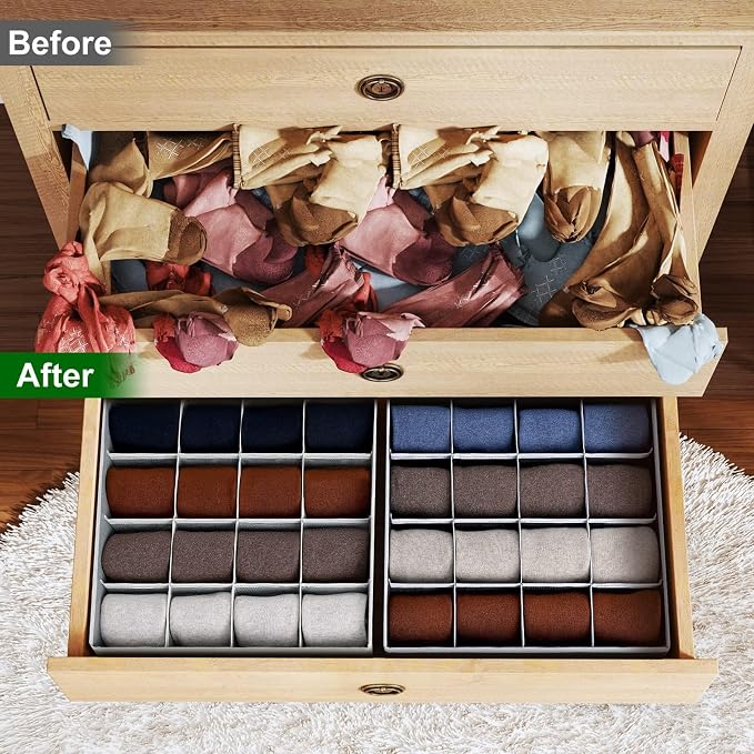 Joyoldelf Sock Drawer Organizer Divider Underwear Organizer 16-cell Fabric Dresser Drawer Organizers Storage Boxes for Socks Lingerie, Handkerchiefs, Ties 4 Pack (Blended-Grey) - Image 6