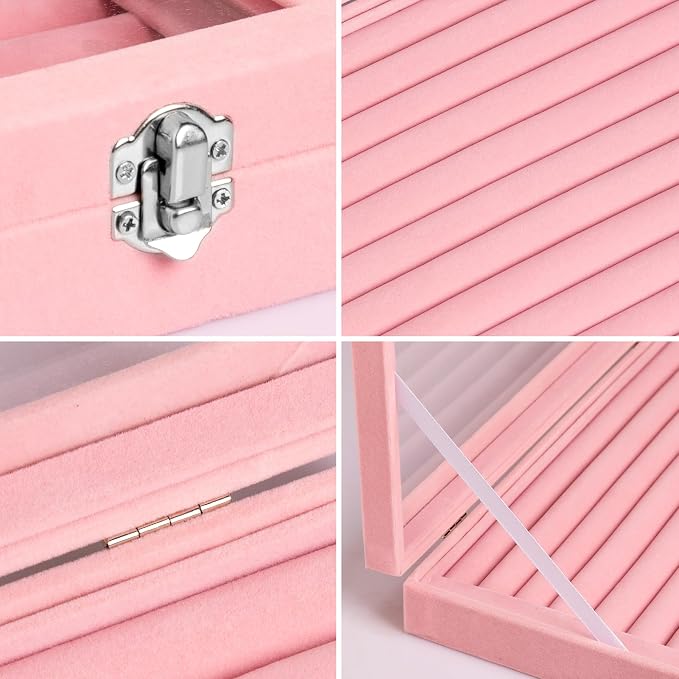 Frebeauty Rings/Earrings Organizer Tray with Clear Lid 10 Slots Velvet Drawer Insert Jewelry Storage box Transparent Glass lid Jewelry Display Case Showcase Gift for Girls Women (Pink, 10 Slots) - Image 5