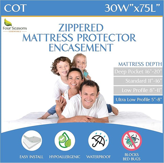Cot Size Waterproof Mattress Protector (30" Wx75 L) - Waterproof Zippered Encasement Premium Quality Bed Cover Protects Against Dust, Allergens White