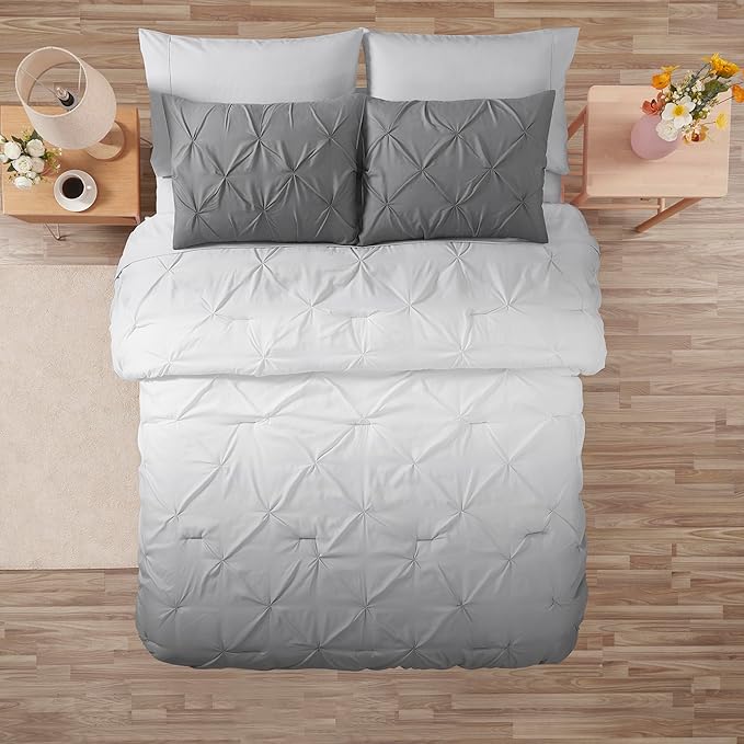 7 Piece Comforter Set Bed in a Bag Ombre Pintuck Design All Season Soft Down Alternative Bedding Comforter Set & Luxurious Matching Bed Sheets & Pillow Shams, Ombre Pintuck Gray, Full