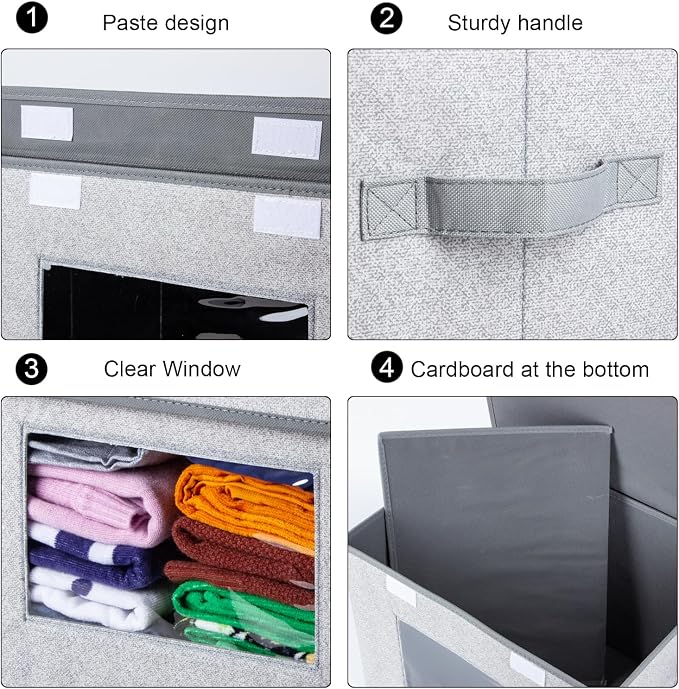 Univivi Fabric Foldable Storage Boxes [4-Pack] Large Collapsible Stackable Storage Bins with Lids, Closet Organizers and Storage Cube Basket for Home, Office, Bedroom (Gray, 17“ x 12” x 12") - Image 5