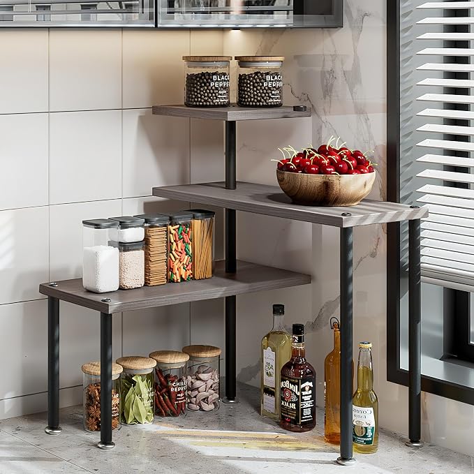 Countertop Organizer Organization 3 Tier Kitchen Corner Shelves Adjustable Spice Storage Rack for Bathroom Coffee Area Over Sink (Dark Gray Oak) by Dazioter