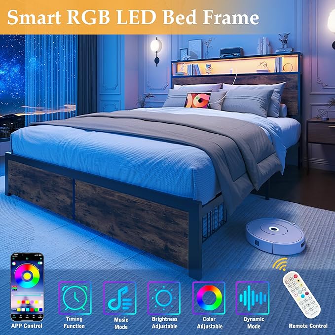 Lifezone Full Bed Frame with 2-Tier Storage Headboard, Metal Bed Frame with Storage Drawers & Built-in Charging Station & LED, Noise-Free, No Box Spring Needed, Easy Assembly, Retro Brown