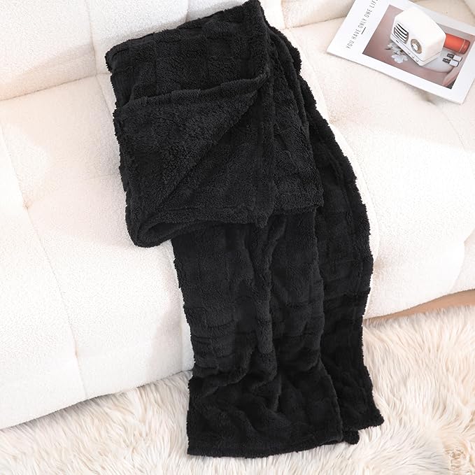 Black Fleece Throw Blanket 108”×90” for Couch Sofa Bed,Super Soft Cozy Plush Microfiber Flannel Blanket with 3D Checkered Design Lightweight for Adults,Woman,Girls
