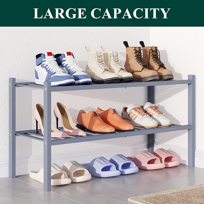 Smiry Bamboo Shoe Rack for Closet, 2 Tier Wooden Stackable Shoe Organizer, Free Standing Shoes Storage Shelf for Entryway, Front Door Entrance, Grey - Image 5
