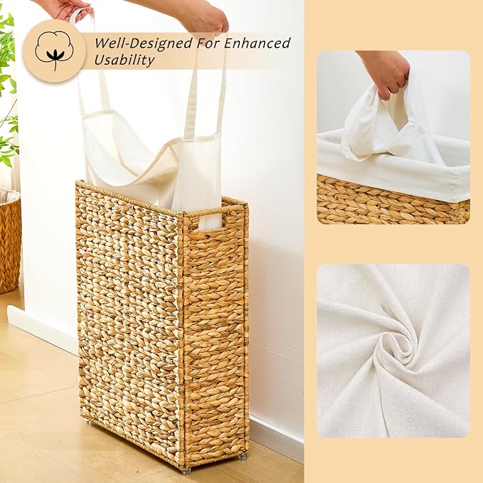 Handwoven Slim Laundry Hamper, 55L Narrow Laundry Basket, Natural Water Hyacinth Basket and Handles and Removable Liner Bag & 2 Mesh Bags (Natural, 55L) - Image 7