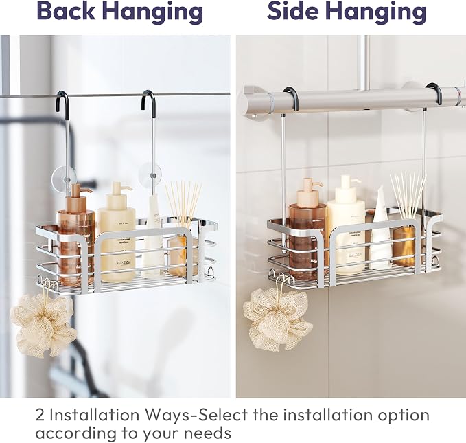SWTYMIKI Shower Caddy Hanging Organizer - Over the Door Shower Caddy with 6 Hooks, 2 Installation Ways, Stainless Steel Rustproof Bathroom Organizer, Silver - Image 3