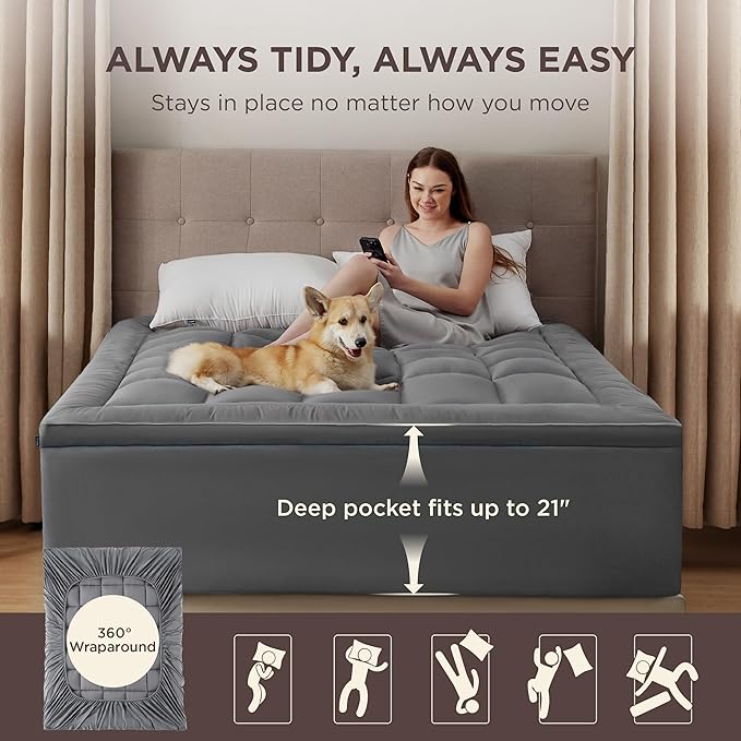 Bedsure King Mattress Topper - Pillow Top Mattress Pad Cover with Deep Pocket Fits up to 21 Inches, Plush Soft Bed Topper for Back Pain Relief, Overfilled with Down Alternative Filling, Grey