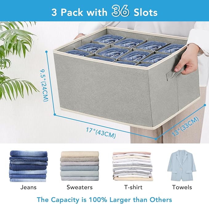 3 Pcs 12 Cell Large Size Pants Organizers for Clothes, Jeans, Sweater, T-shirt, Dress Stackable for Wardrobe Closet Drawer Organizer Storage Bin Container, Grey - Image 2